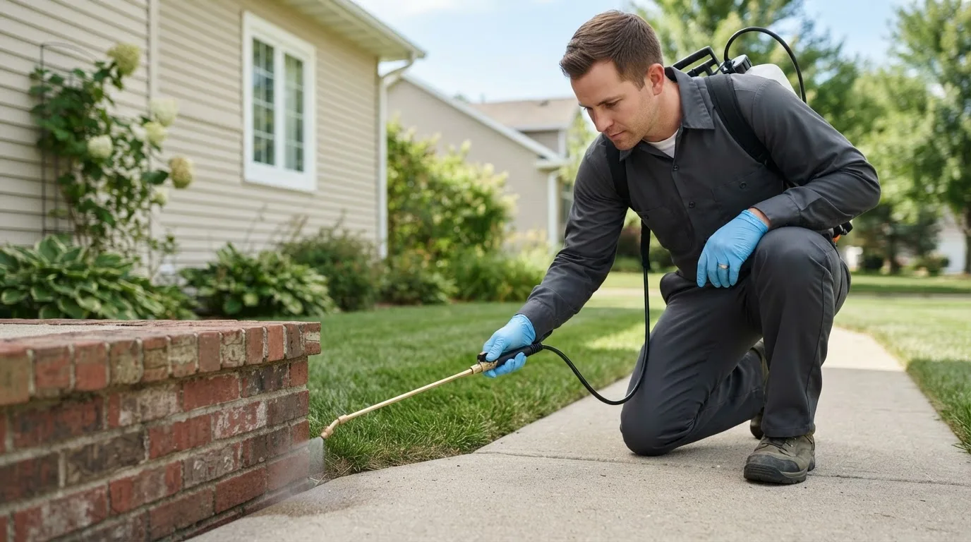 Pest control technician treating a home near Collins, IA