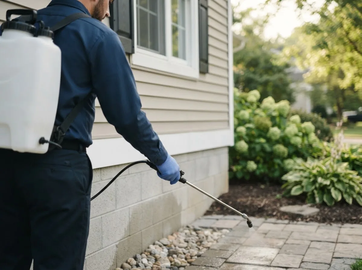 Pest control technician inspecting a home in Collins, IA